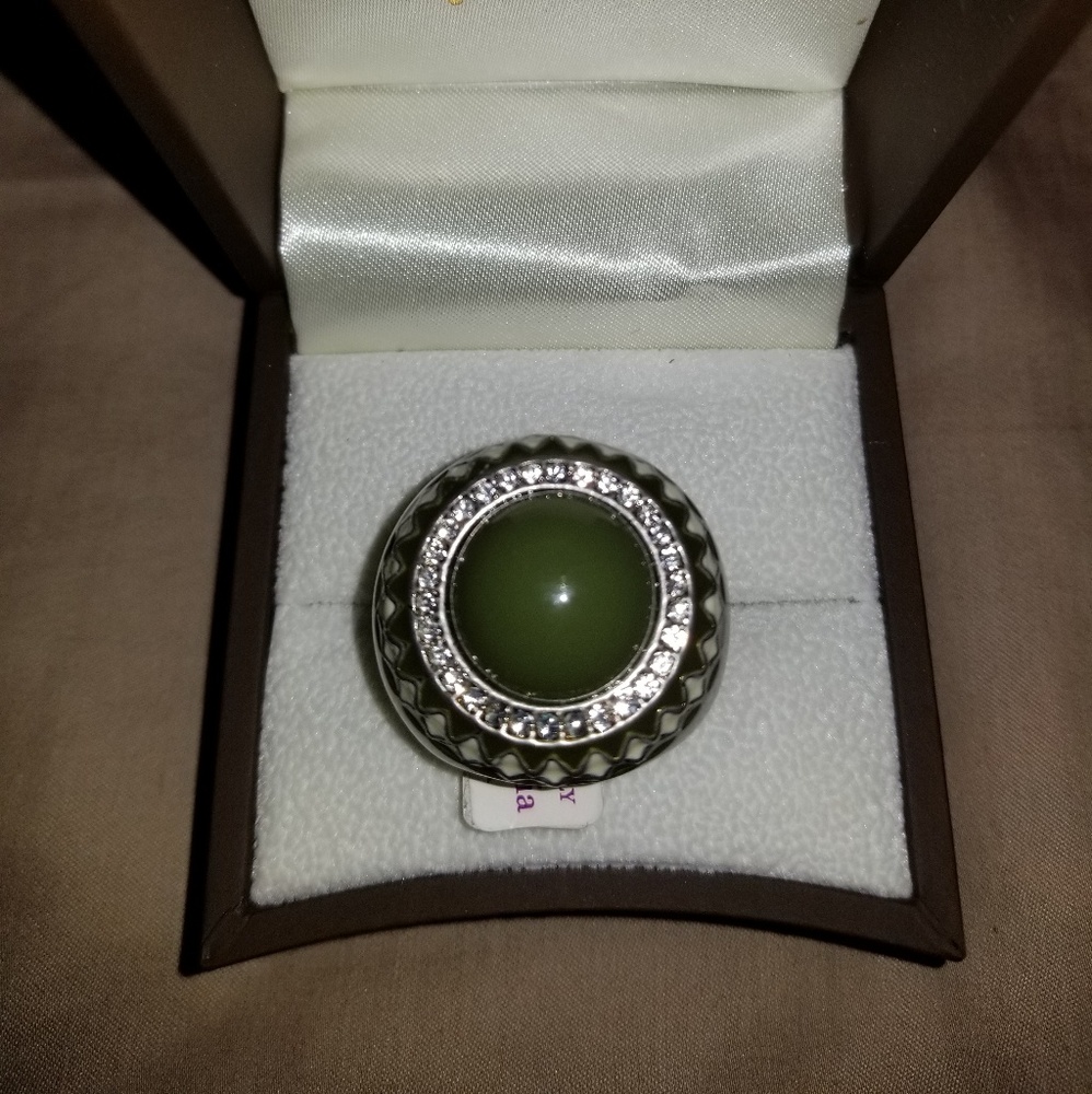 Lia Sophia Olive Green Cabochon Ring with Clear Accent Crystals
